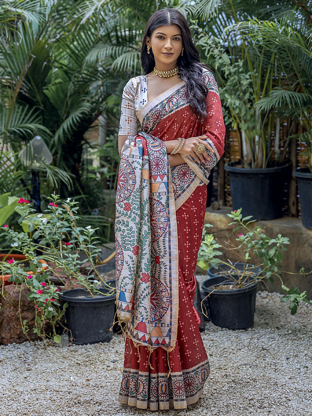

Kandora Geometric Printed Pure Silk Tussar Saree, Red