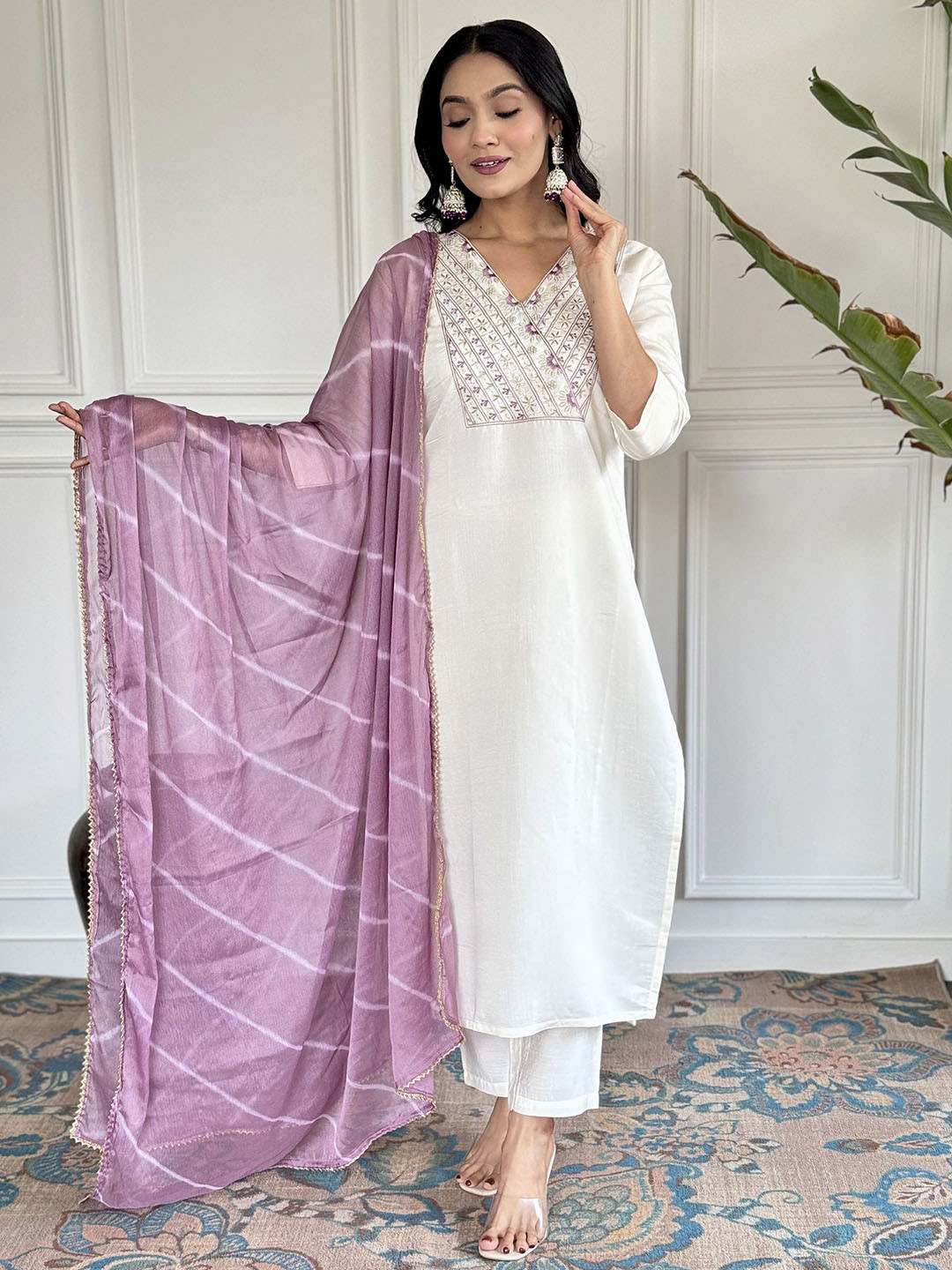 

KALINI Floral Embroidered Regular Chanderi Silk Kurta With Trouser With Dupatta, Off white