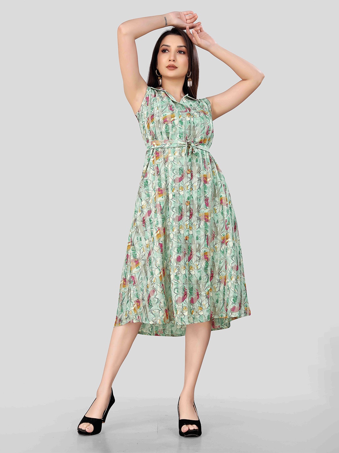 

VEECHIS Women Floral Printed Shirt Collar Sleeveless Cotton Fit and Flare Dress, Green