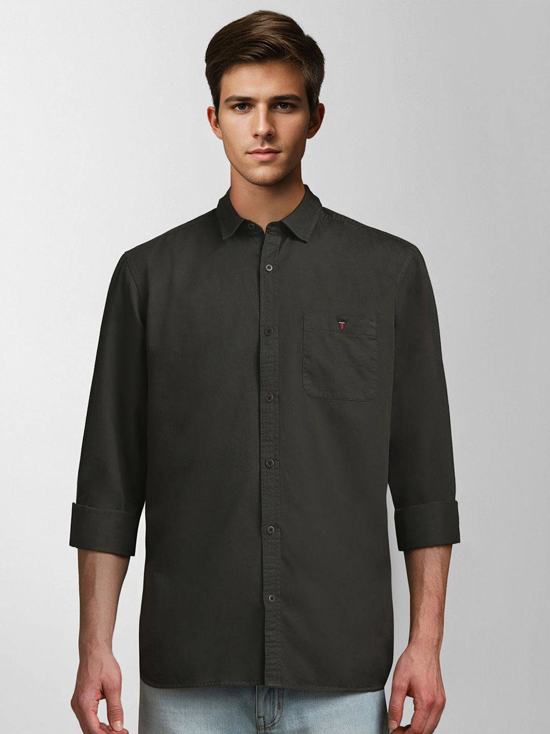 

Louis Philippe Jeans Men Spread Collar Solid Cotton Casual Shirt, Green