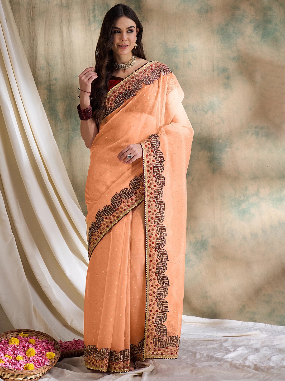 

Sangria Women Embroidered Saree Comes With Blouse Piece, Peach