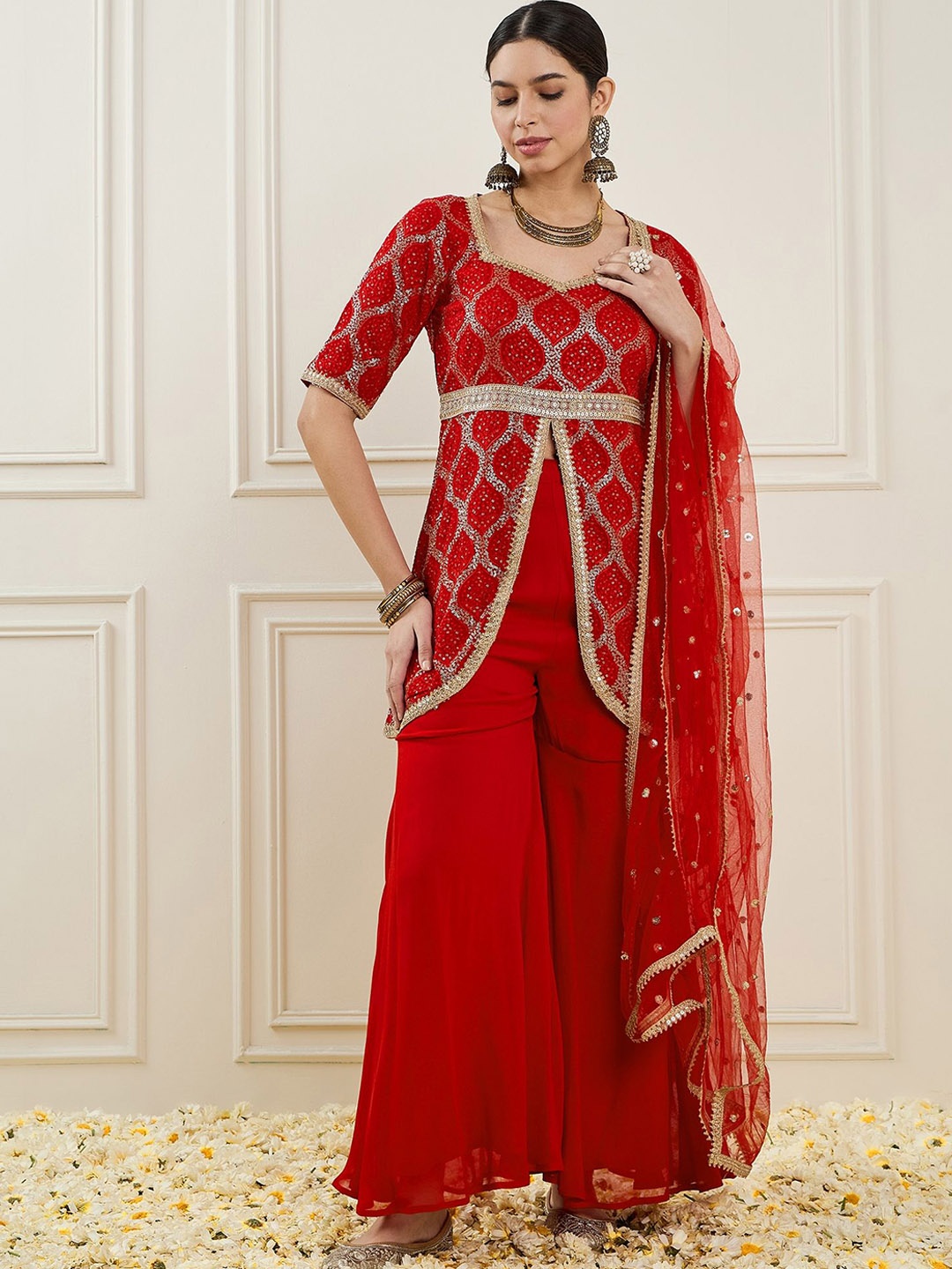 

ADORNIA Women Embroidered High Slit Sequinned Kurta with Sharara & With Dupatta, Red