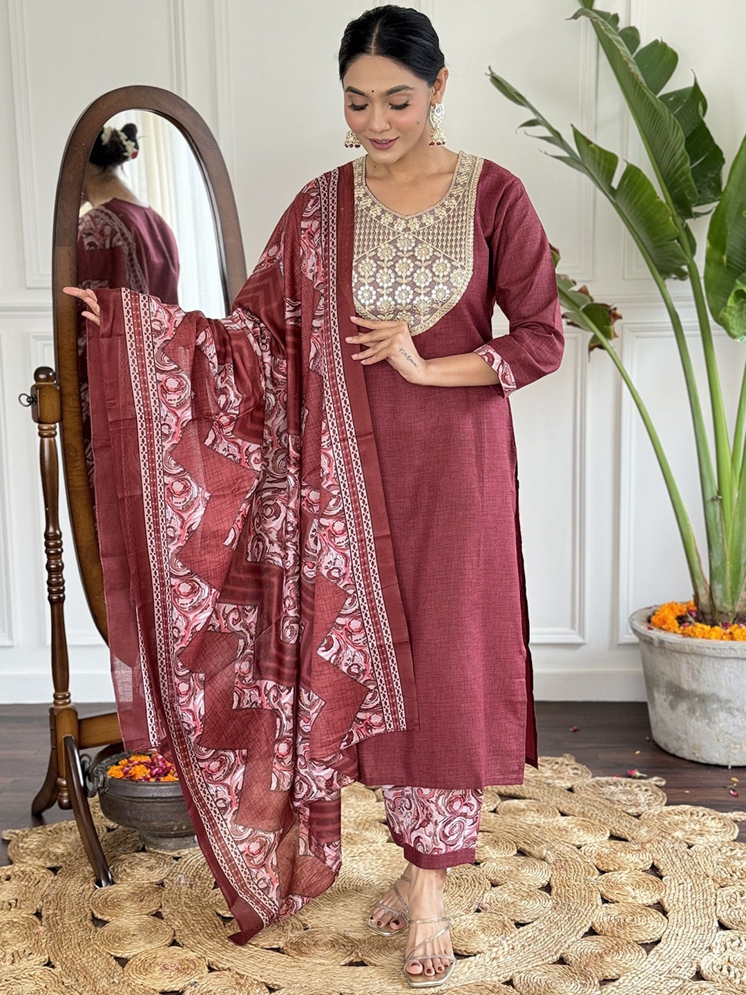 

KALINI Embroidered Round Neck Regular Thread Work Kurta With Trousers With Dupatta, Maroon