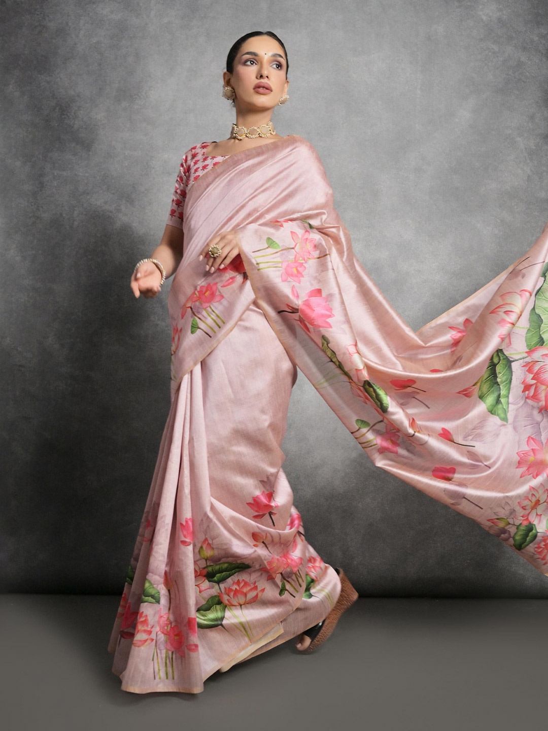 

Kandora Floral Pure Silk Tussar Saree, Pink