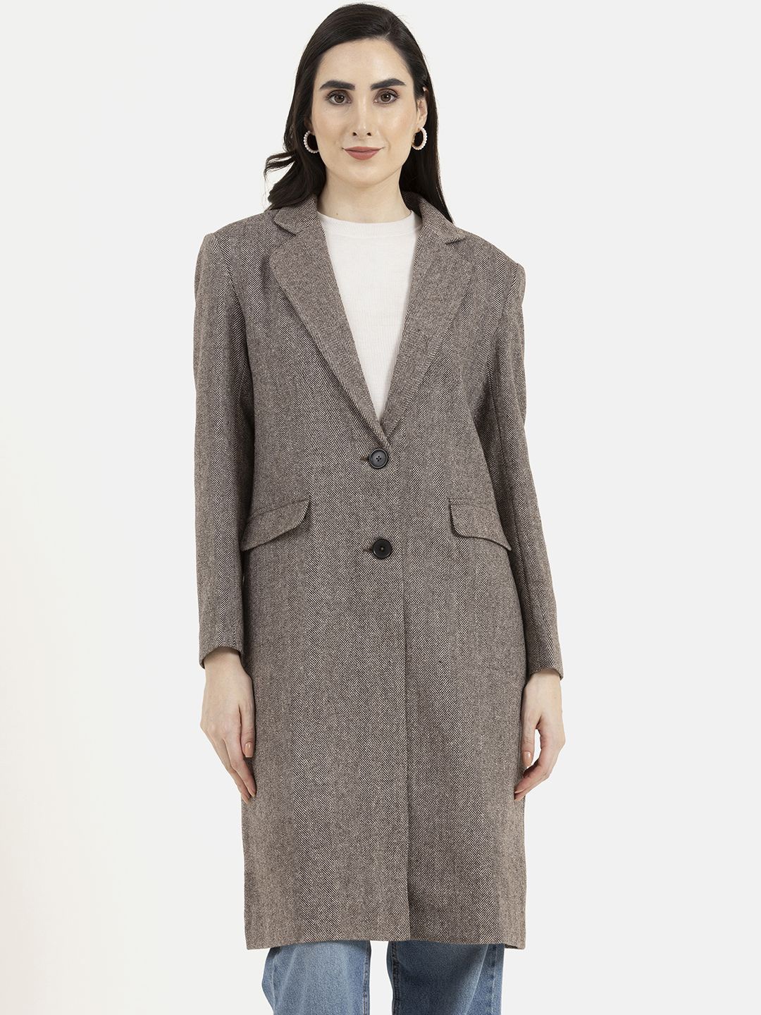 

Owncraft Women Self Design Wool Trench Coat, Brown