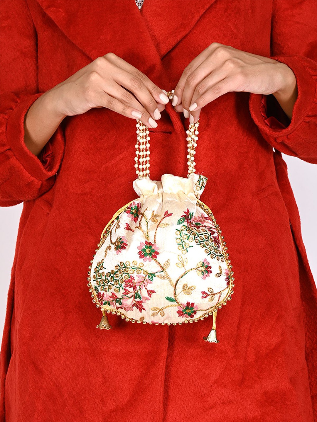 

ODETTE Embroidered Potli Clutch, Off white