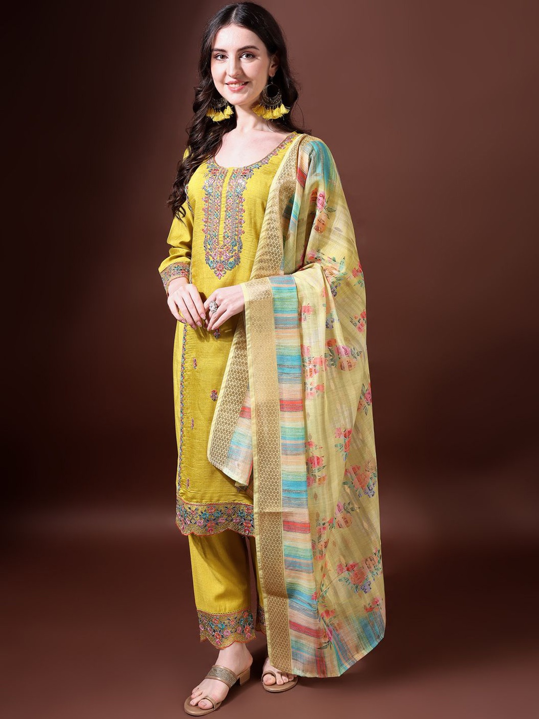 

KALINI Women Ethnic Motifs Embroidered Regular Sequinned Kurta with Trousers & With Dupatta, Mustard