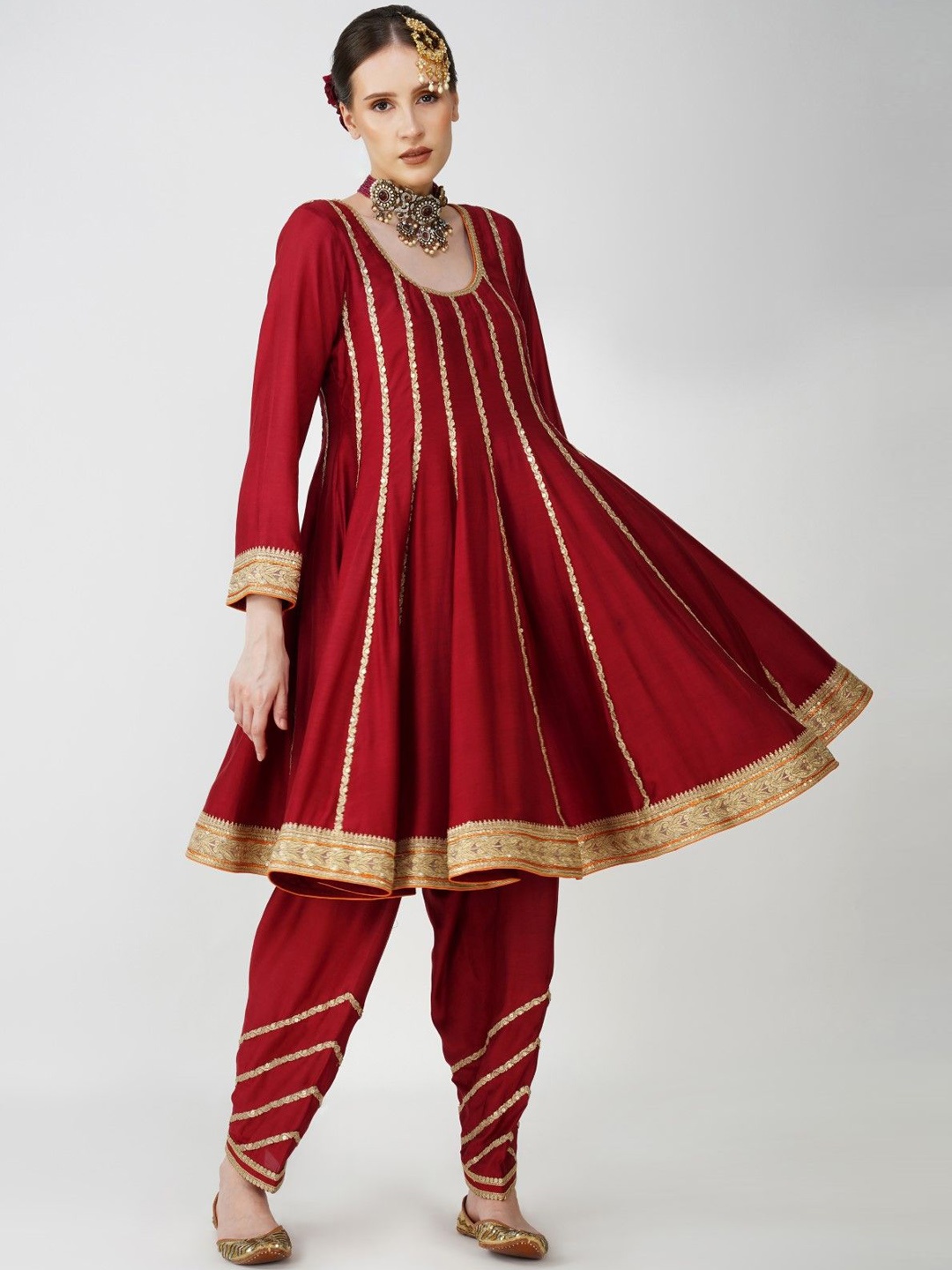 

KOVET Embroidered Gotta Patti Panelled Pure Silk Kurta with Salwar, Rust