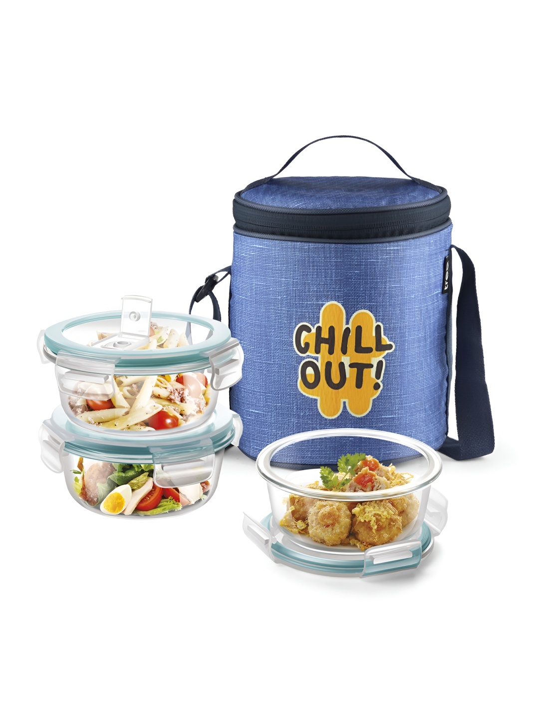 

Treo All Fresh Blue Glass 3 Pieces Lunch Box With Chillout Printed Bag-400 ml Each