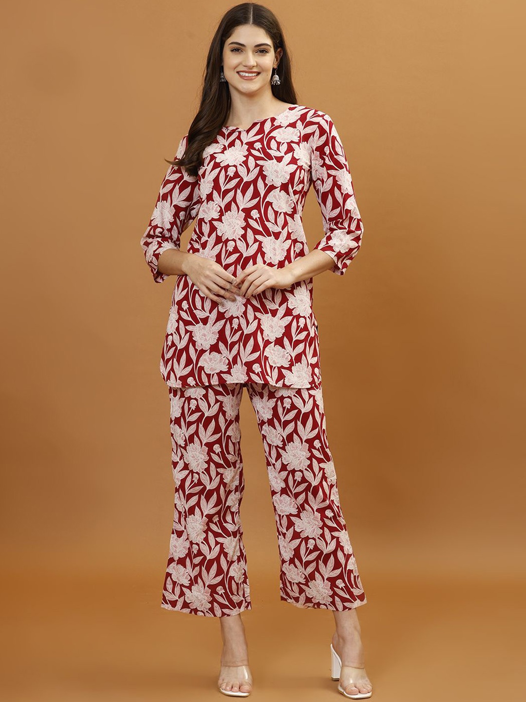 

Meena Bazaar Floral Printed Round Neck Three-Quarter Sleeves Top With Trouser, Maroon