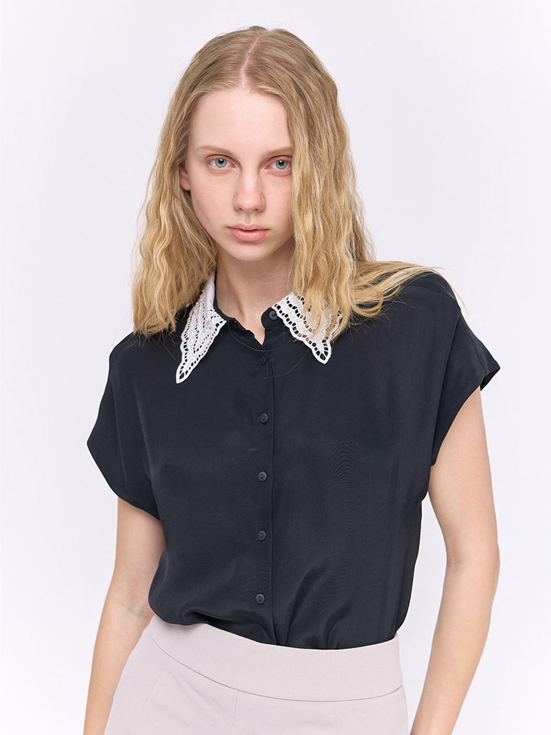 

COVER STORY Women Solid Shirt Collar Top, Black