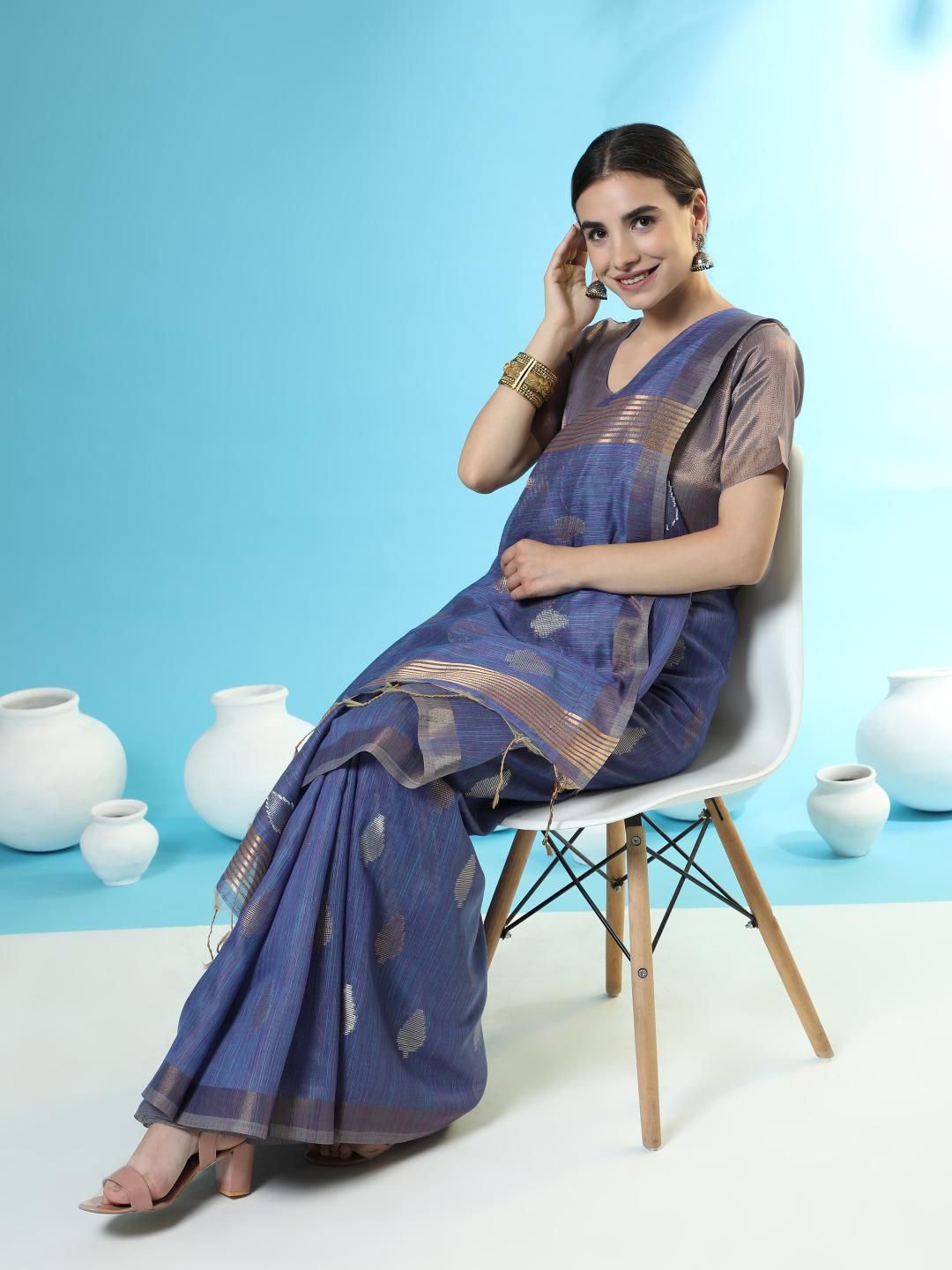 

Kandora Ethnic Motifs Woven Design Zari Pure Cotton Saree, Blue
