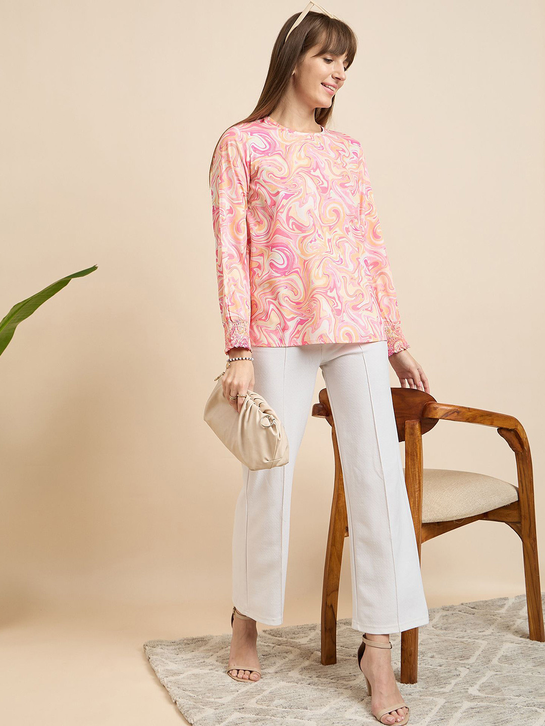 

Mast & Harbour Women Abstract Printed Round Neck Top, Pink