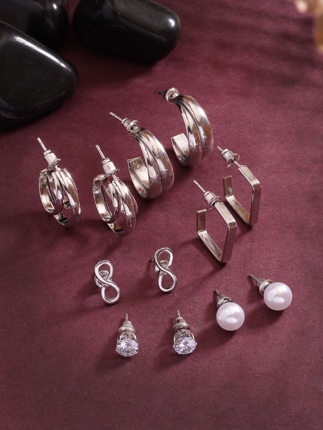 

NVR Set Of 6 Silver-Plated Contemporary Half Hoop Earrings