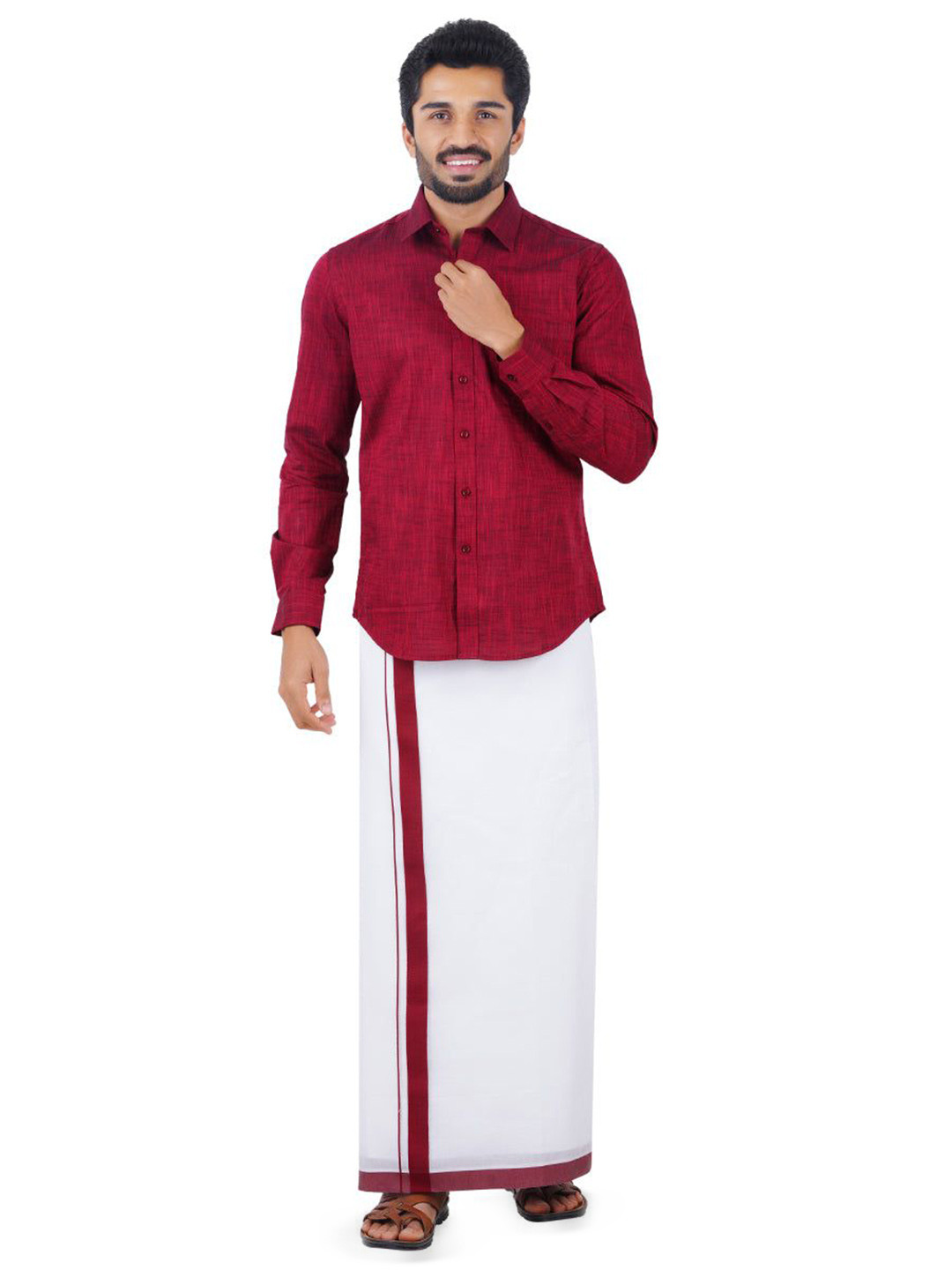 

Ramraj Men Pure Cotton Shirt With Adjustable Dhoti, Maroon