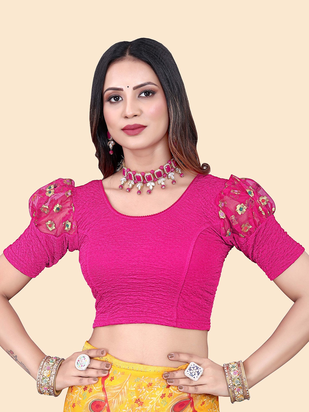 

SHREEJI DESIGNER Women Woven Design Stretchable Saree Blouse, Pink