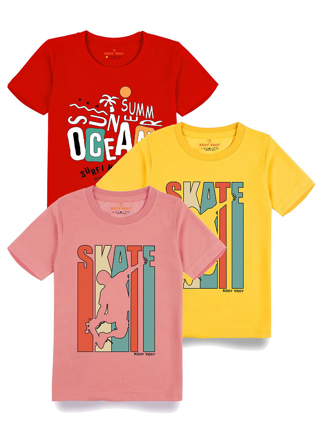 

AUSK Boys Pack Of 3 Graphic Printed Round Neck Cotton T-shirts, Yellow