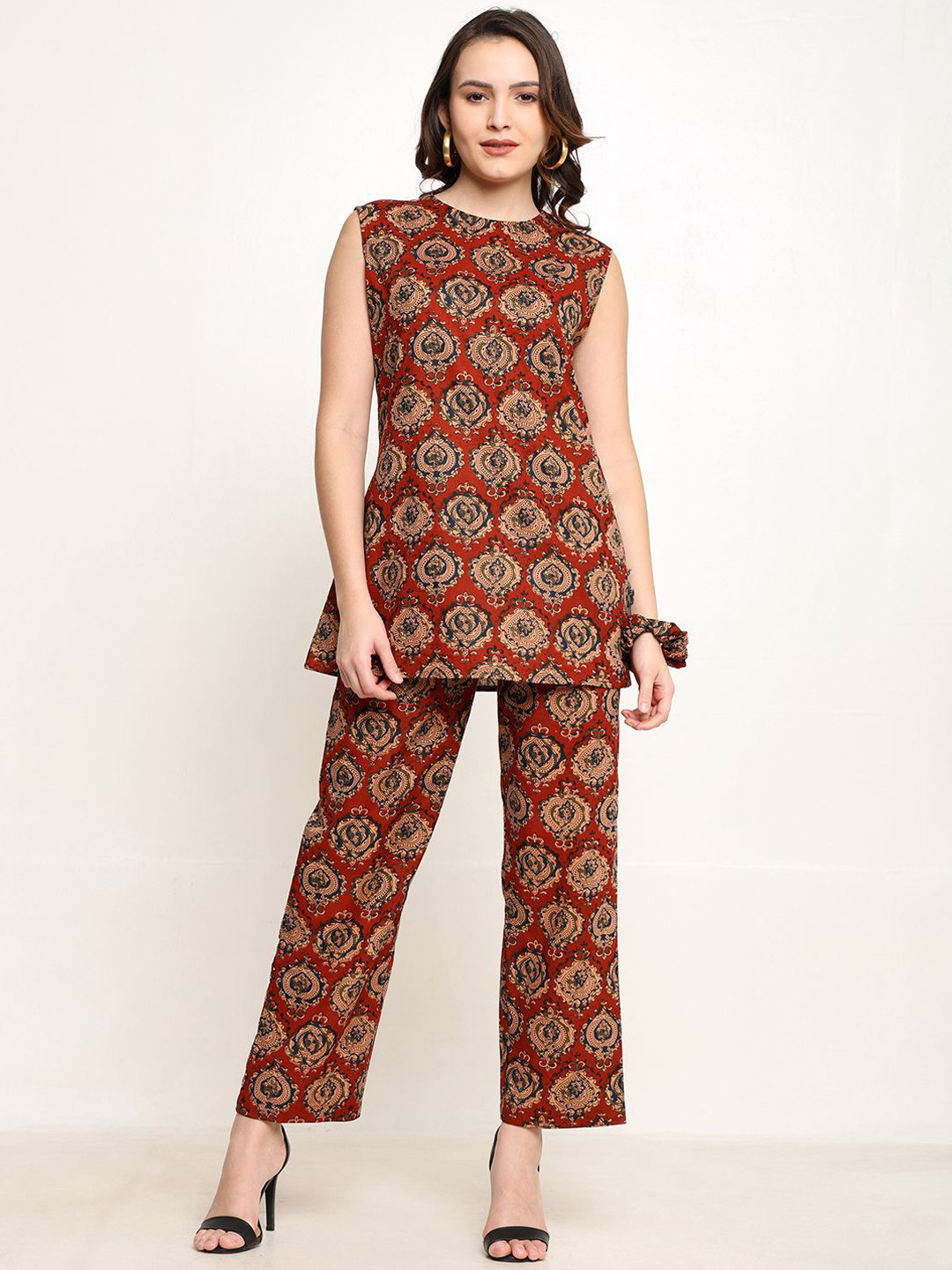 

CORDSET Ethnic Motifs Printed Pure Cotton Tunic & Trouser Co-ords, Brown