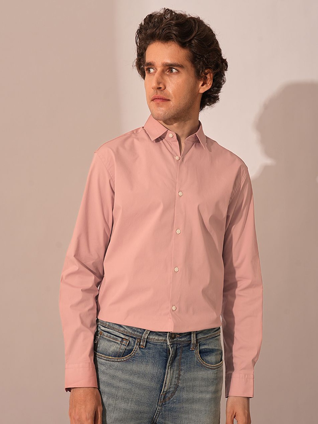 

SELECTED Men Spread Collar Solid Cotton Casual Shirt, Peach