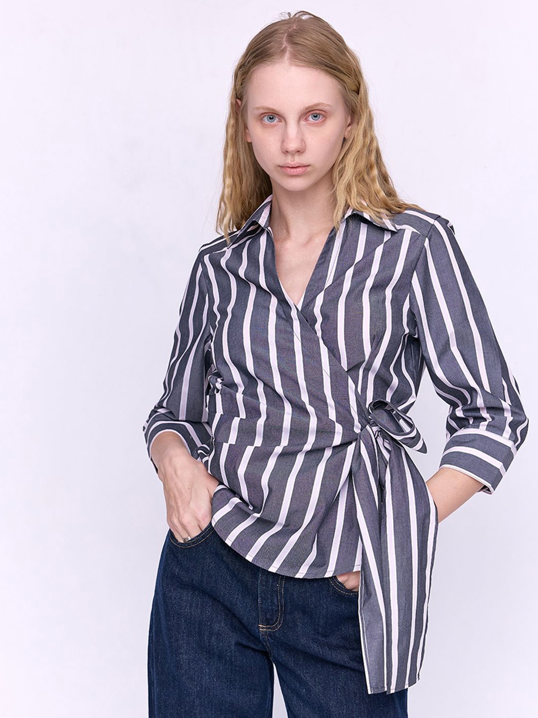 

COVER STORY Women Striped Casual Wrap Top, Grey
