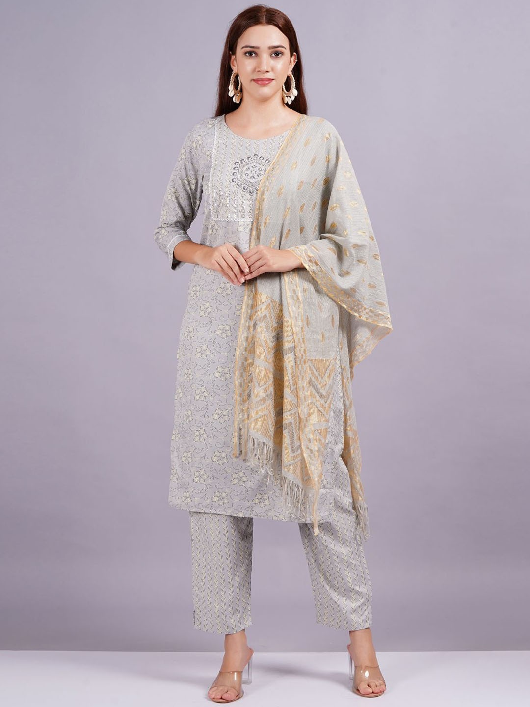 

KALINI Floral Printed Regular Thread Work Kurta With Trousers With Dupatta, Grey