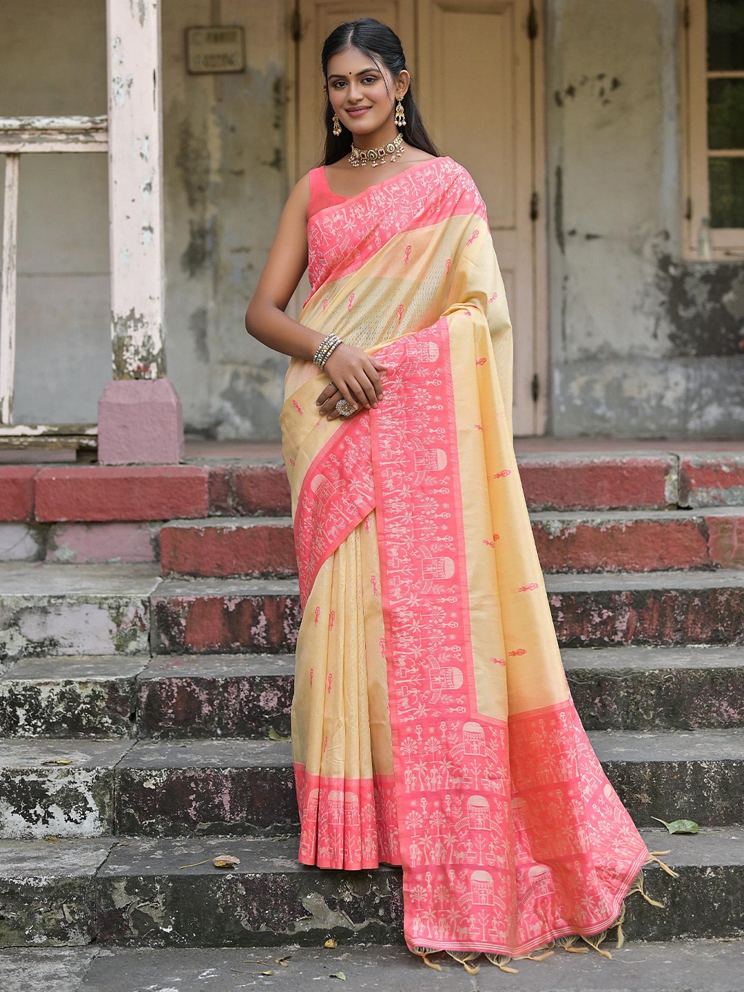 

Kandora Woven Design Zari Pure Silk Saree, Pink
