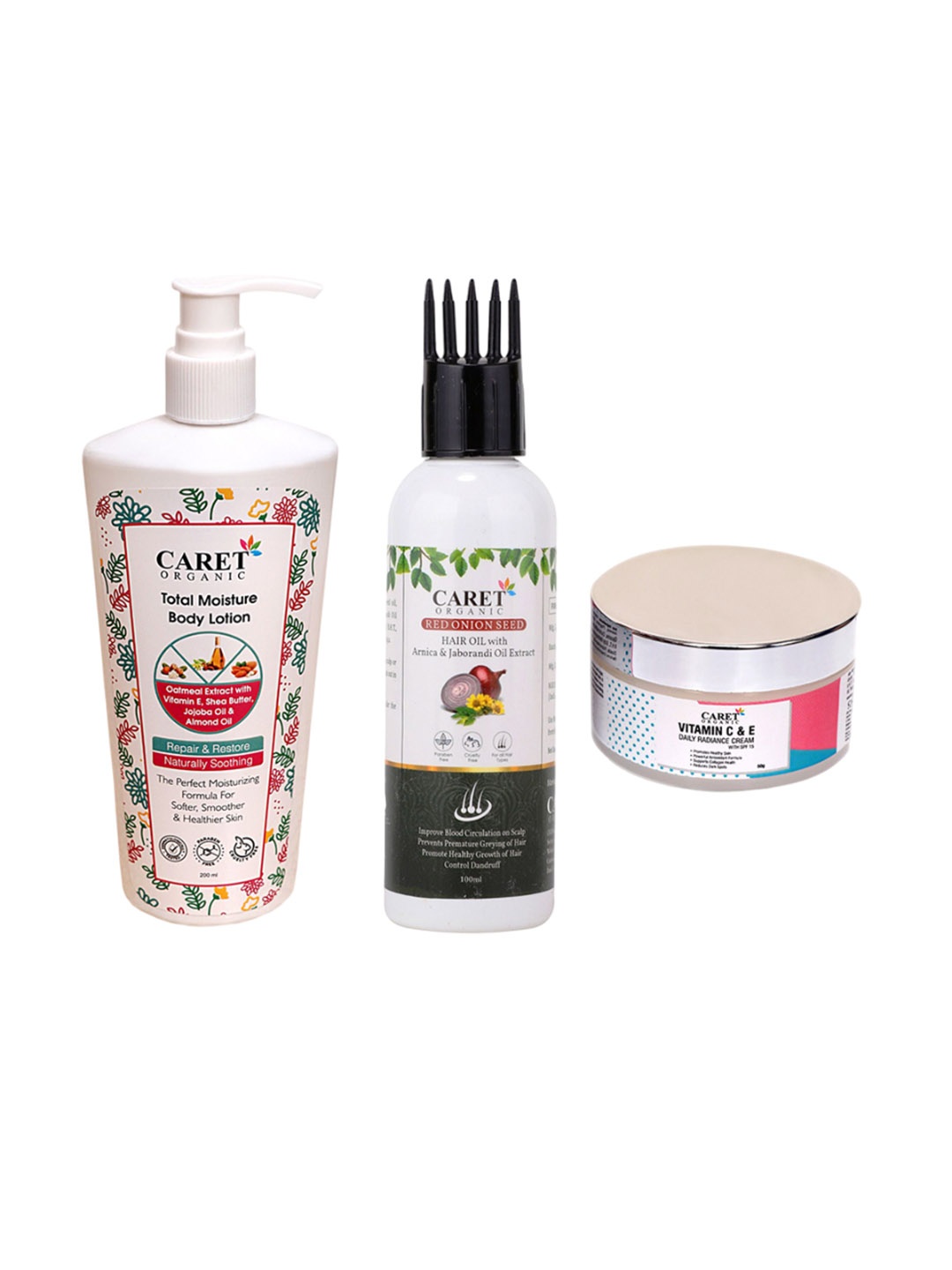 

CARET ORGANIC Total Moisture Body Lotion & Red Onion Seed Hair Oil & Vitamin C E Cream, White