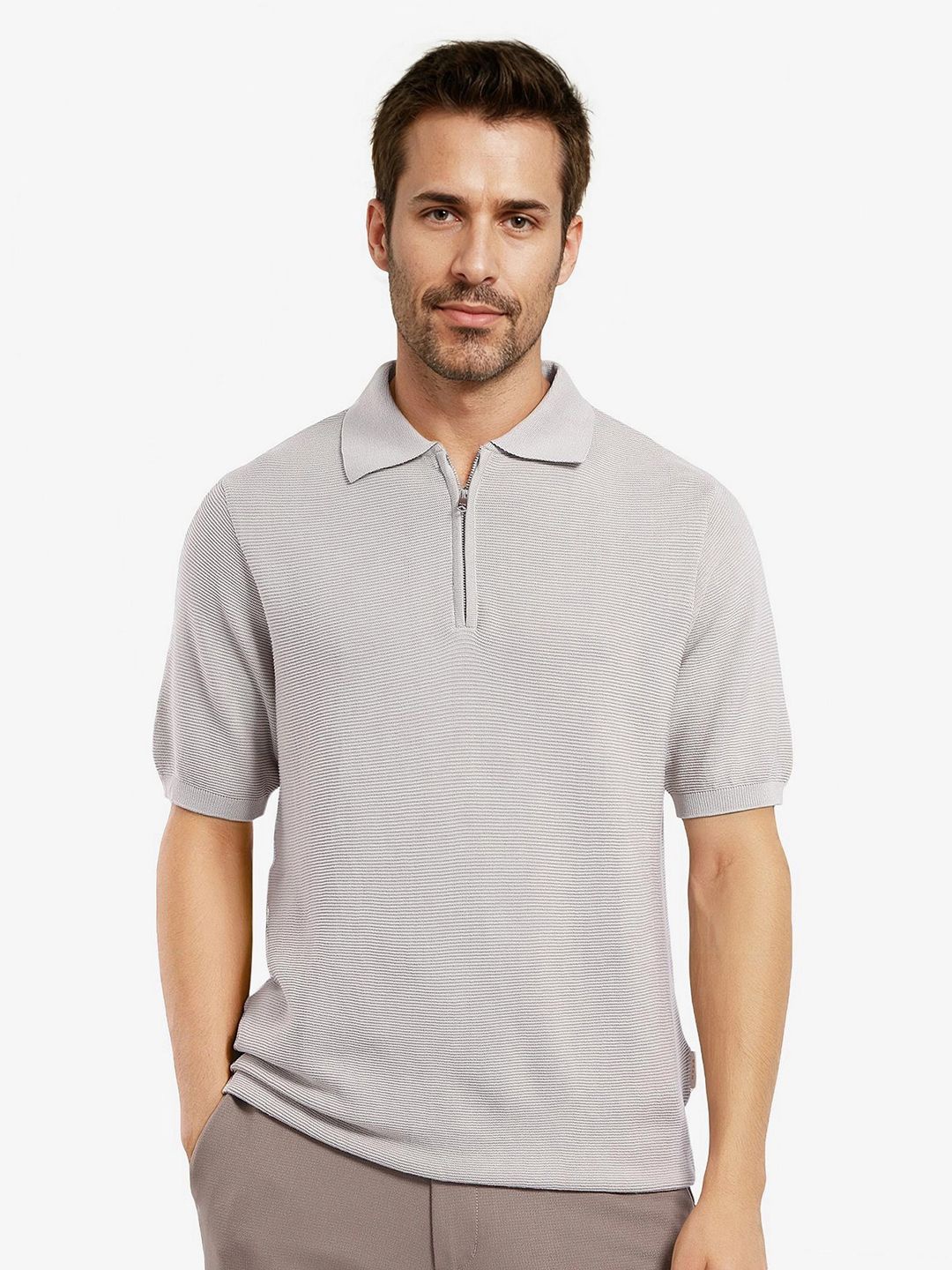 

RARE RABBIT Men Self Design Polo Collar Cotton T-shirt, Beige