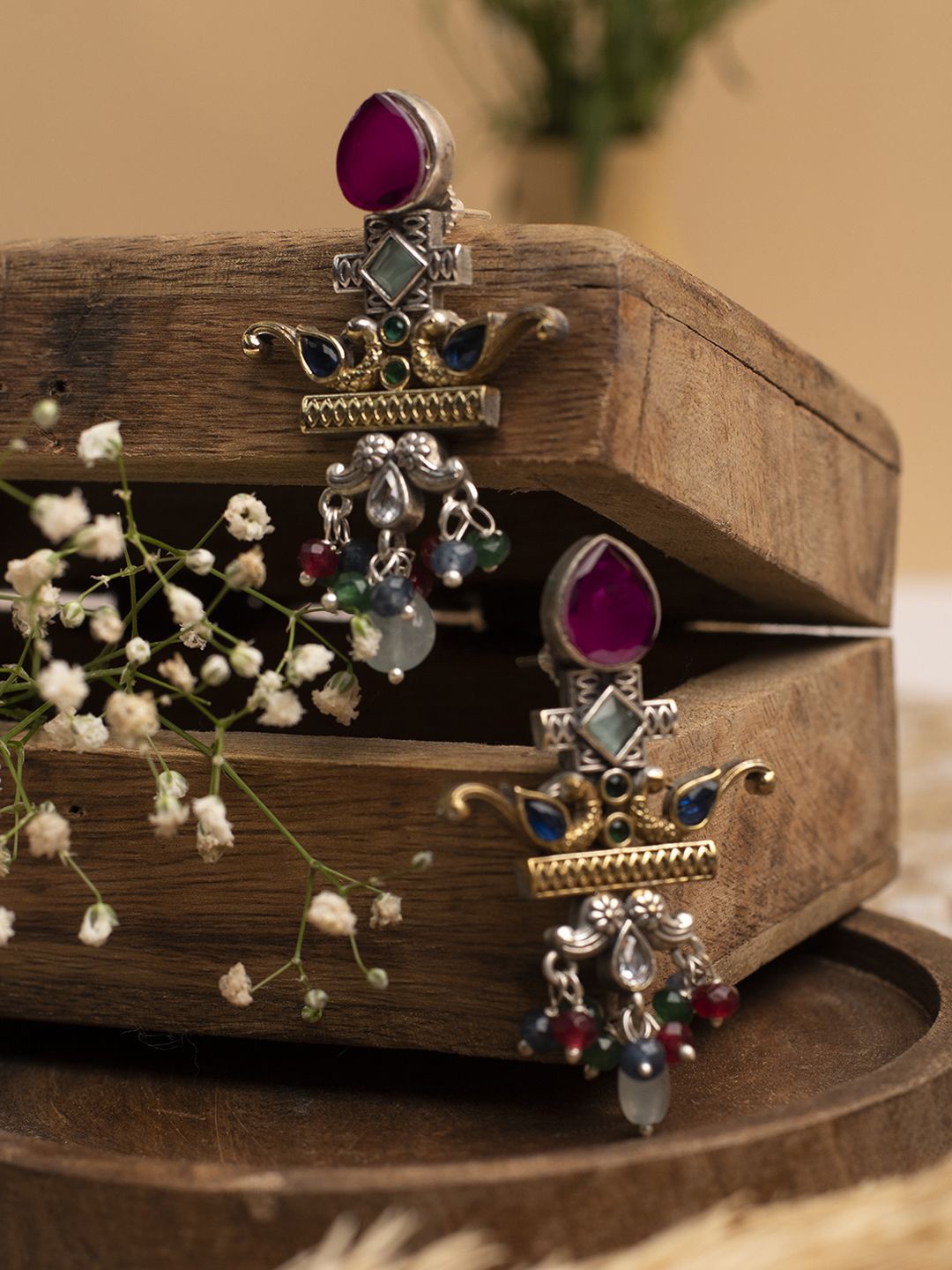 

XPNSV Silver-Plated Oxidised Stone Studded & Beaded Drop Earrings