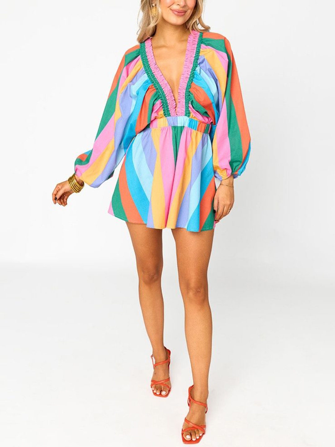 

LULU & SKY Women Plunging Neck Wide Striped Playsuit, Blue