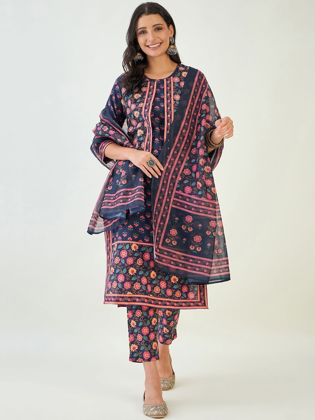 

Anouk Women Ethnic Motifs Printed Regular Pure Cotton Kurta with Trousers & With Dupatta, Blue