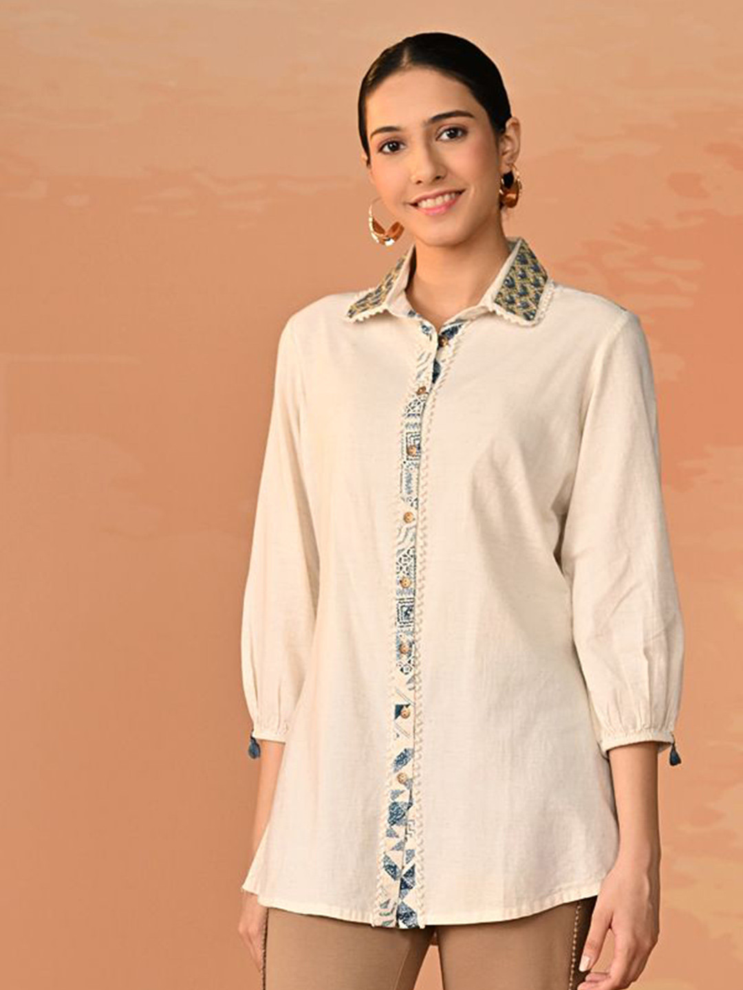 

Lakshita Women Classic Spread Collar Solid Cotton Casual Shirt, Beige