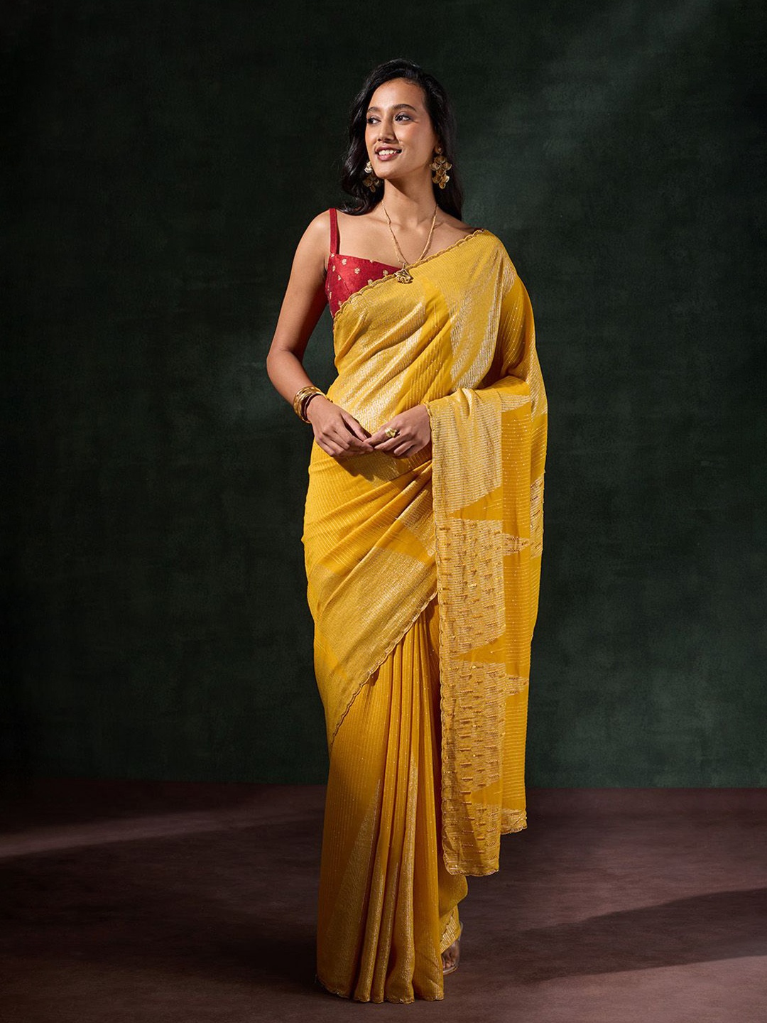 

Taneira Embroidered Sequinned Saree, Yellow