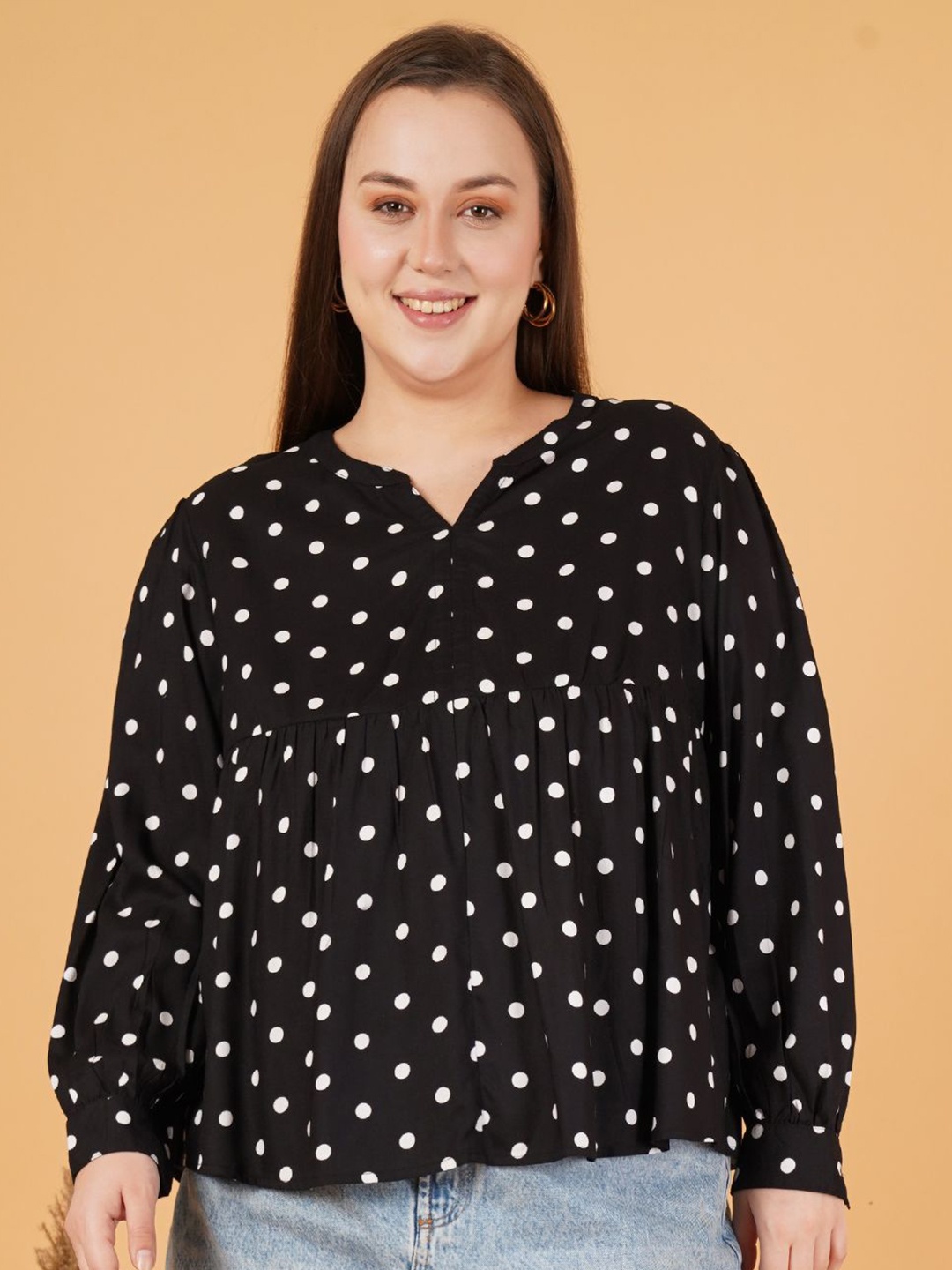 

Sztori Women Polka Dots Printed Mandarin Collar Plus Size Top, Black