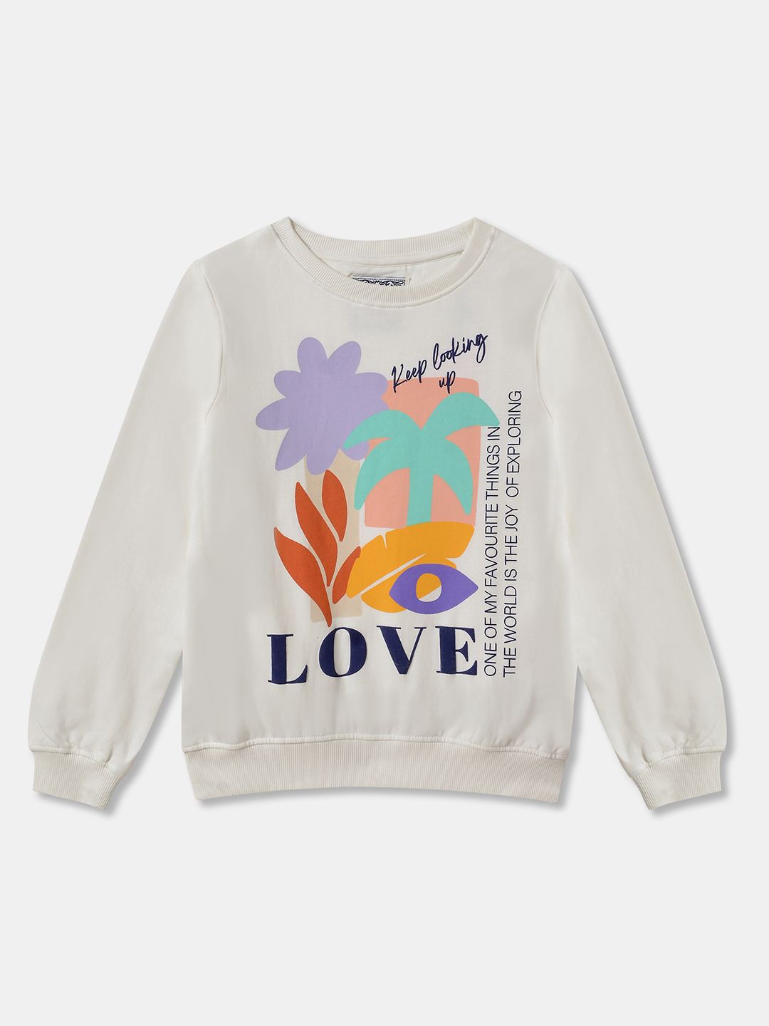 

R&B Girls Graphic Printed Round Neck Cotton Pullover Sweatshirt, White