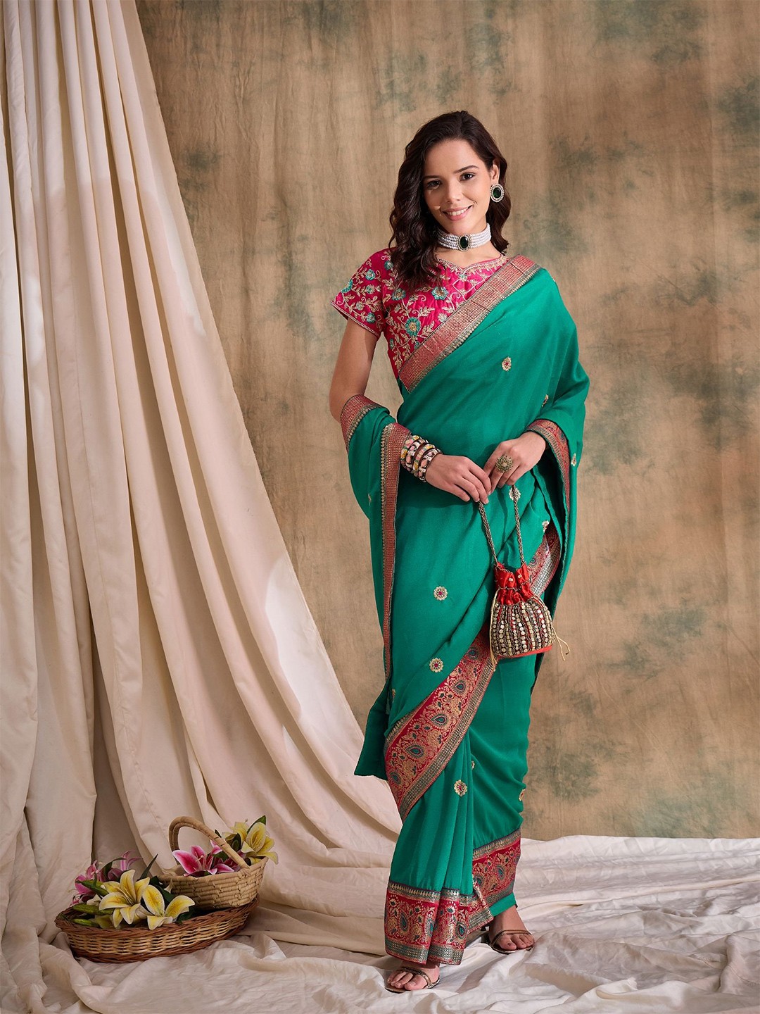 

Sangria Women Embroidered Saree With Blouse Piece, Sea green