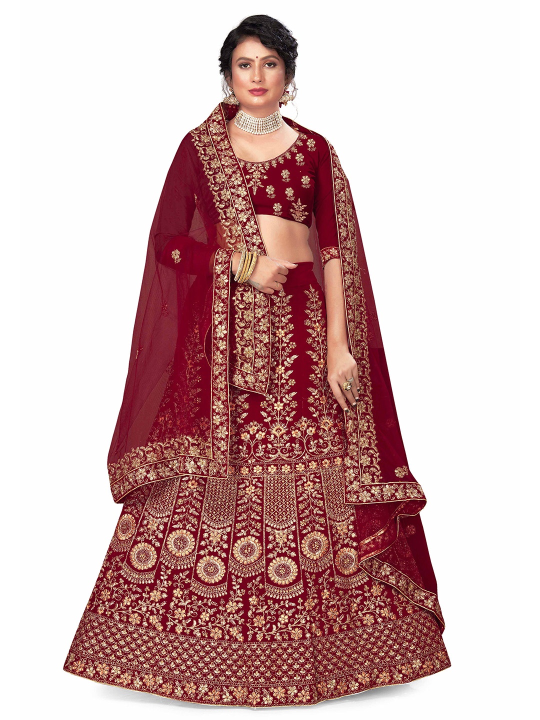 

Maroosh Embellished Thread Work Unstitched Lehenga & Blouse With Dupatta, Maroon