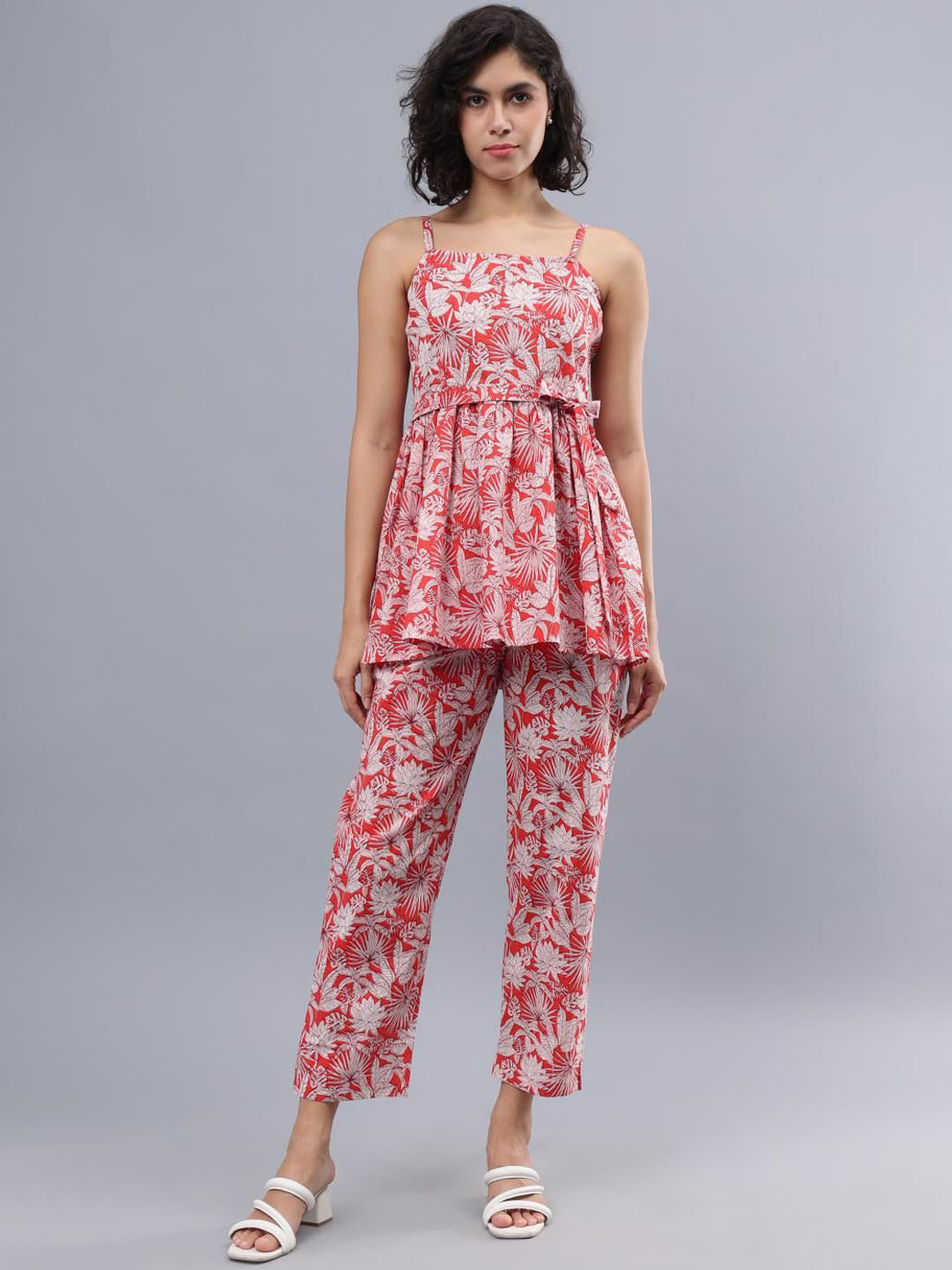 

CORDSET Floral Printed Shoulder Straps Sleeveless Pure Cotton Tunic & Trouser Co-ords, Red