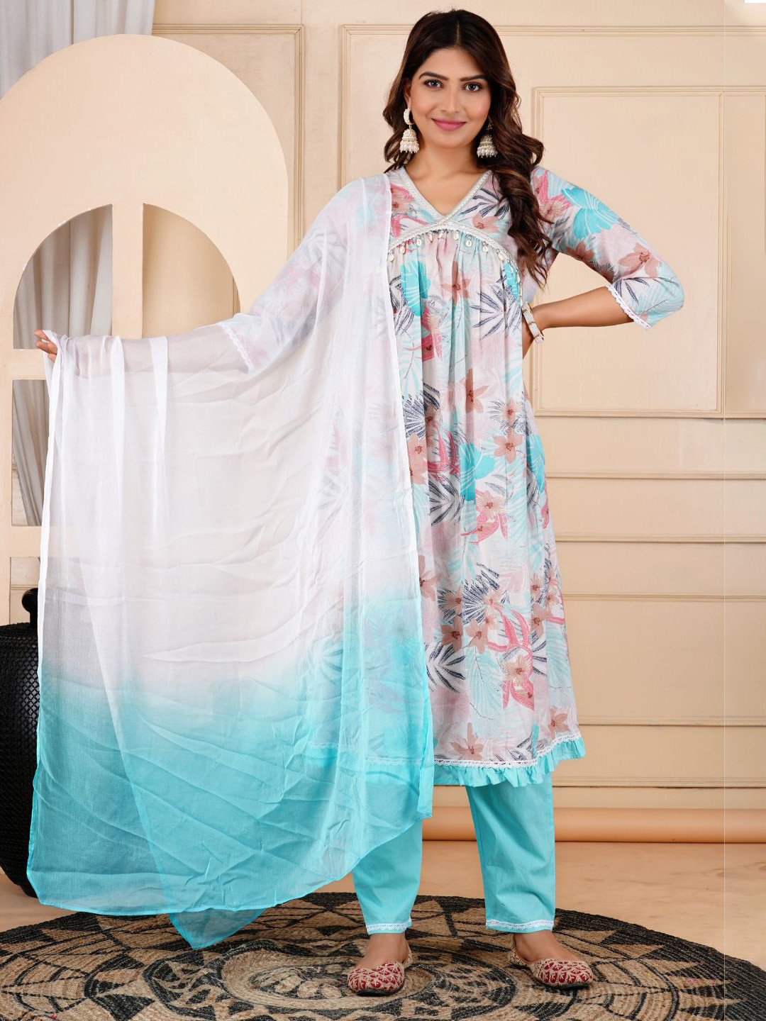 

Jaipurite Women Empire Thread Work Pure Cotton Kurta with Trousers & With Dupatta, White