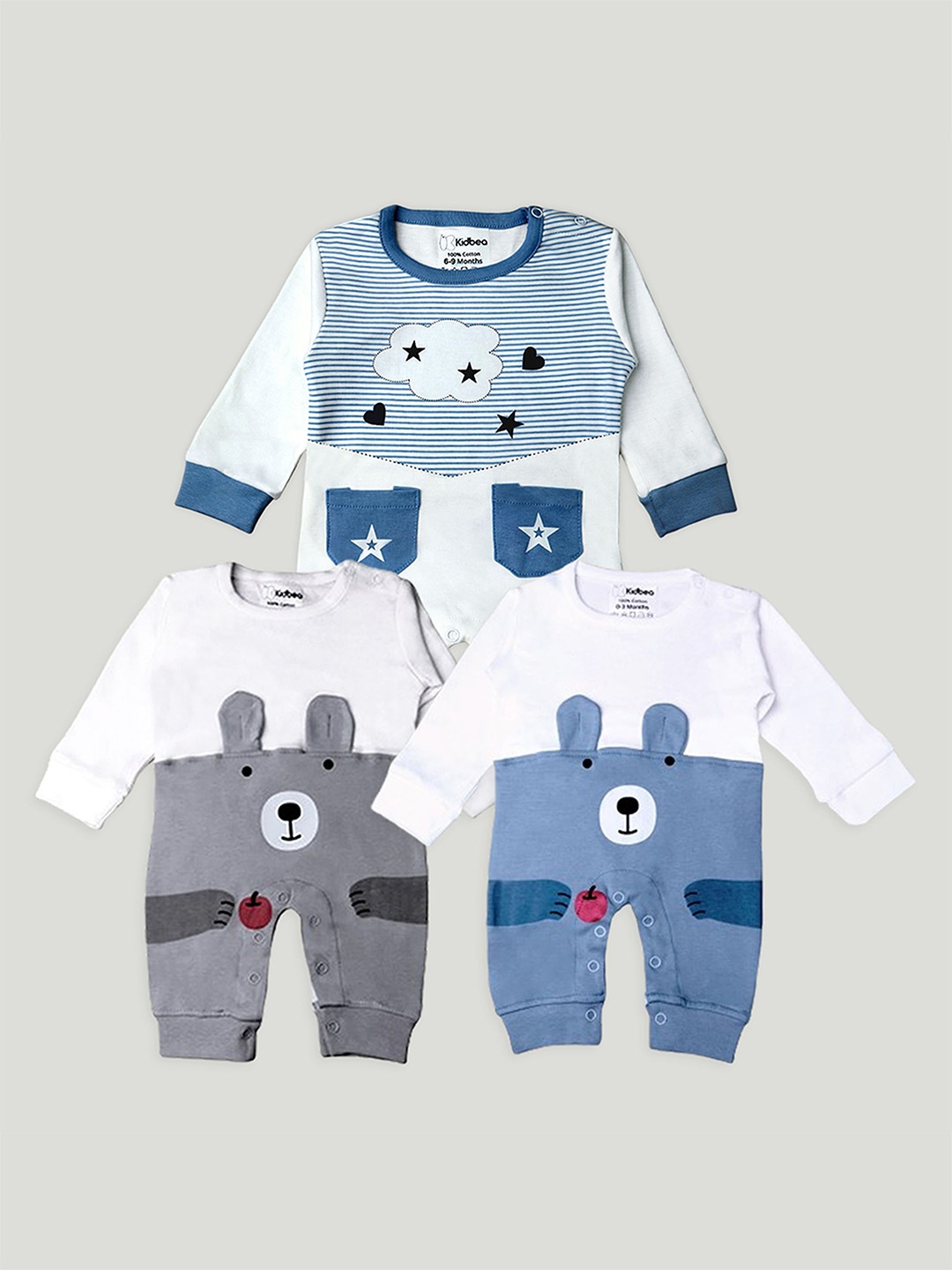 

Kidbea Infants Pack Of 3 Printed Pure Cotton Rompers, Grey