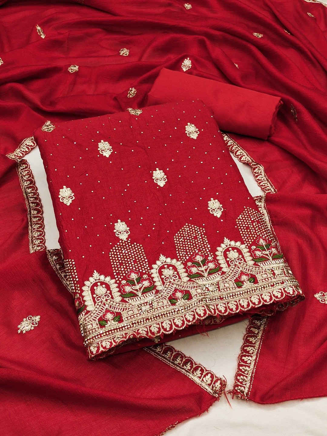 

Mitera Women Embroidered Unstitched Dress Material, Red
