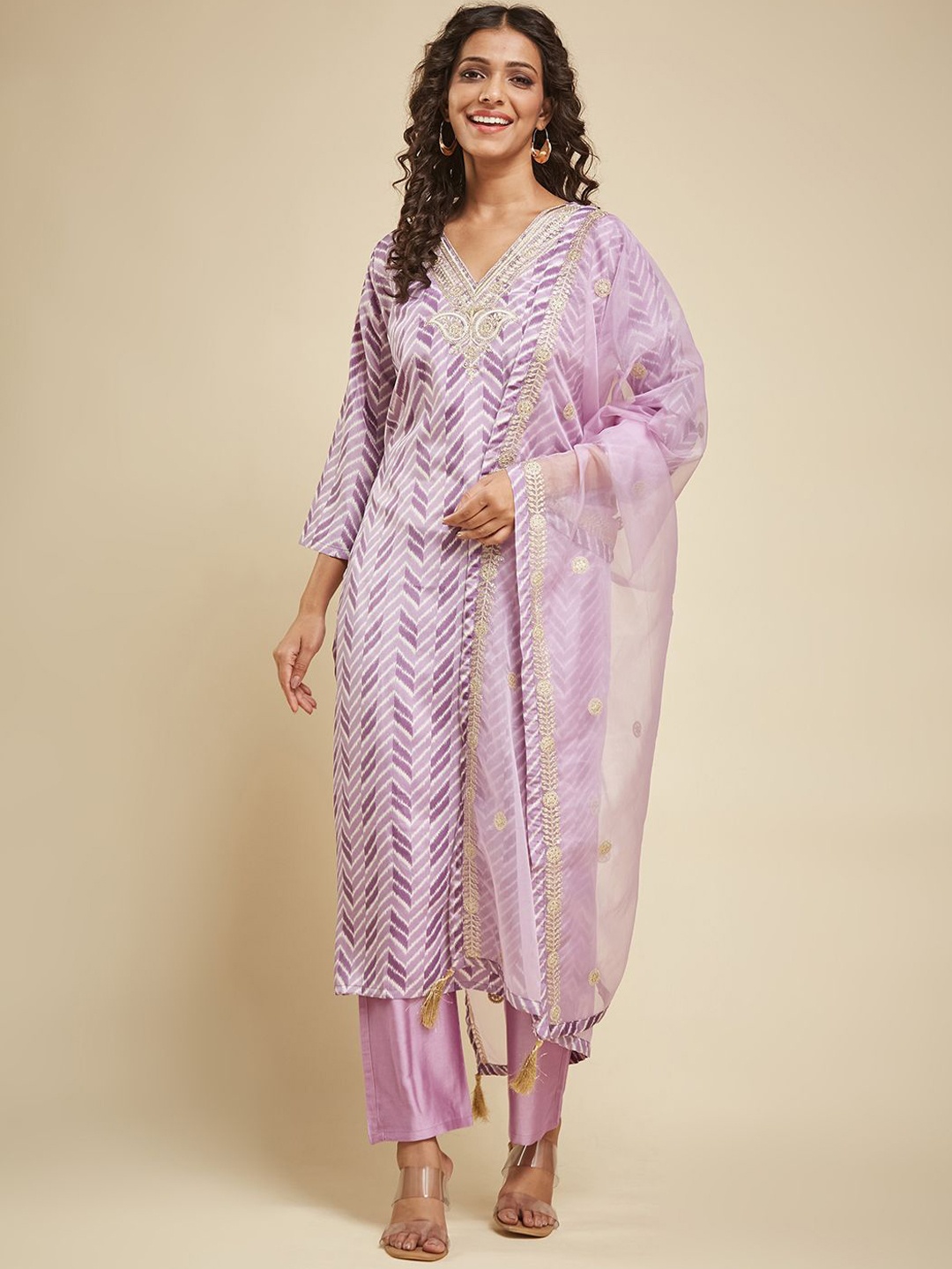 

KALINI Chevron Ikat Printed Thread Work V-Neck Silk Crepe Kurta with Trouser & Dupatta, Mauve