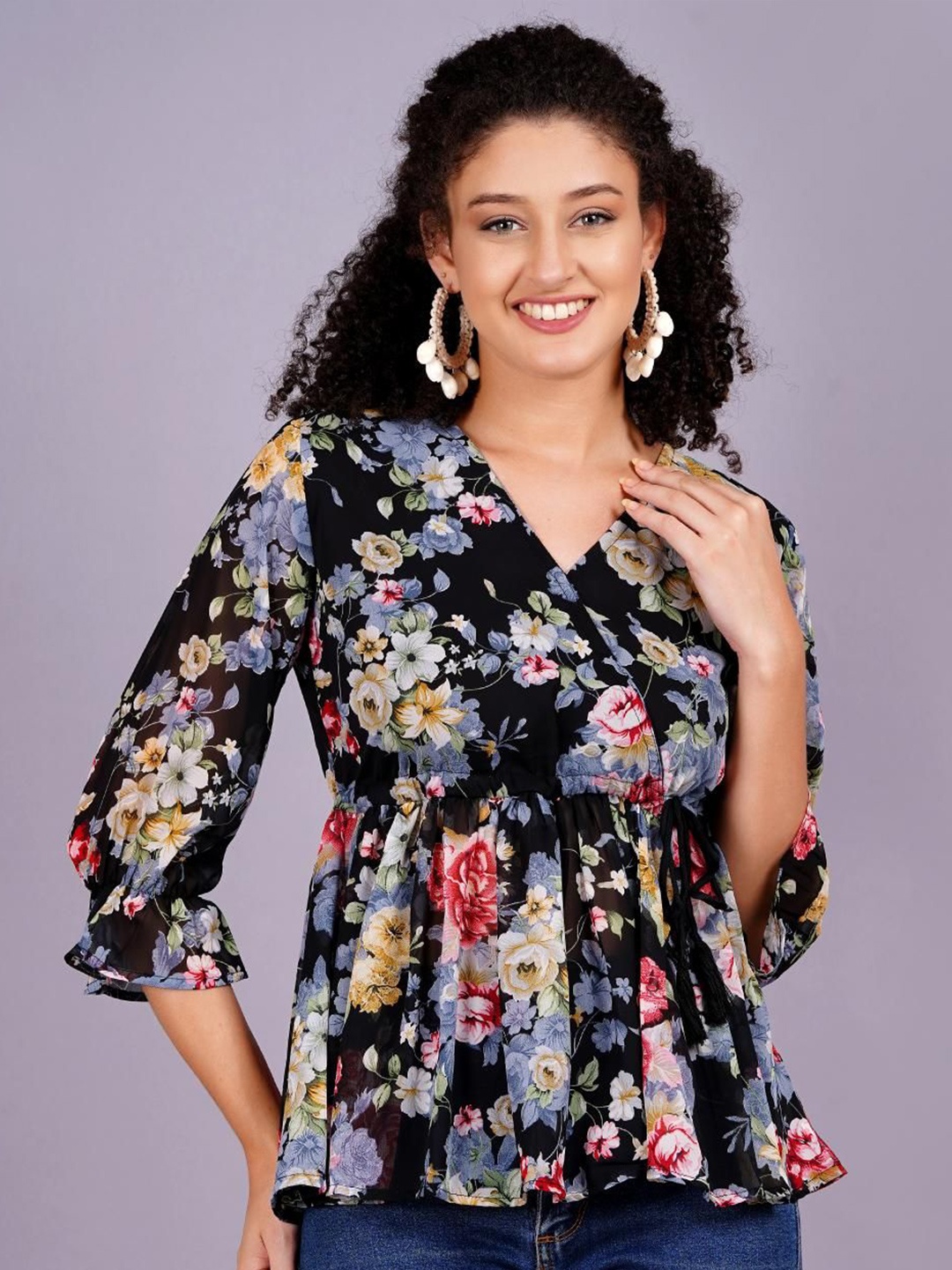 

JC4U Women Floral Printed V-Neck Top, Black