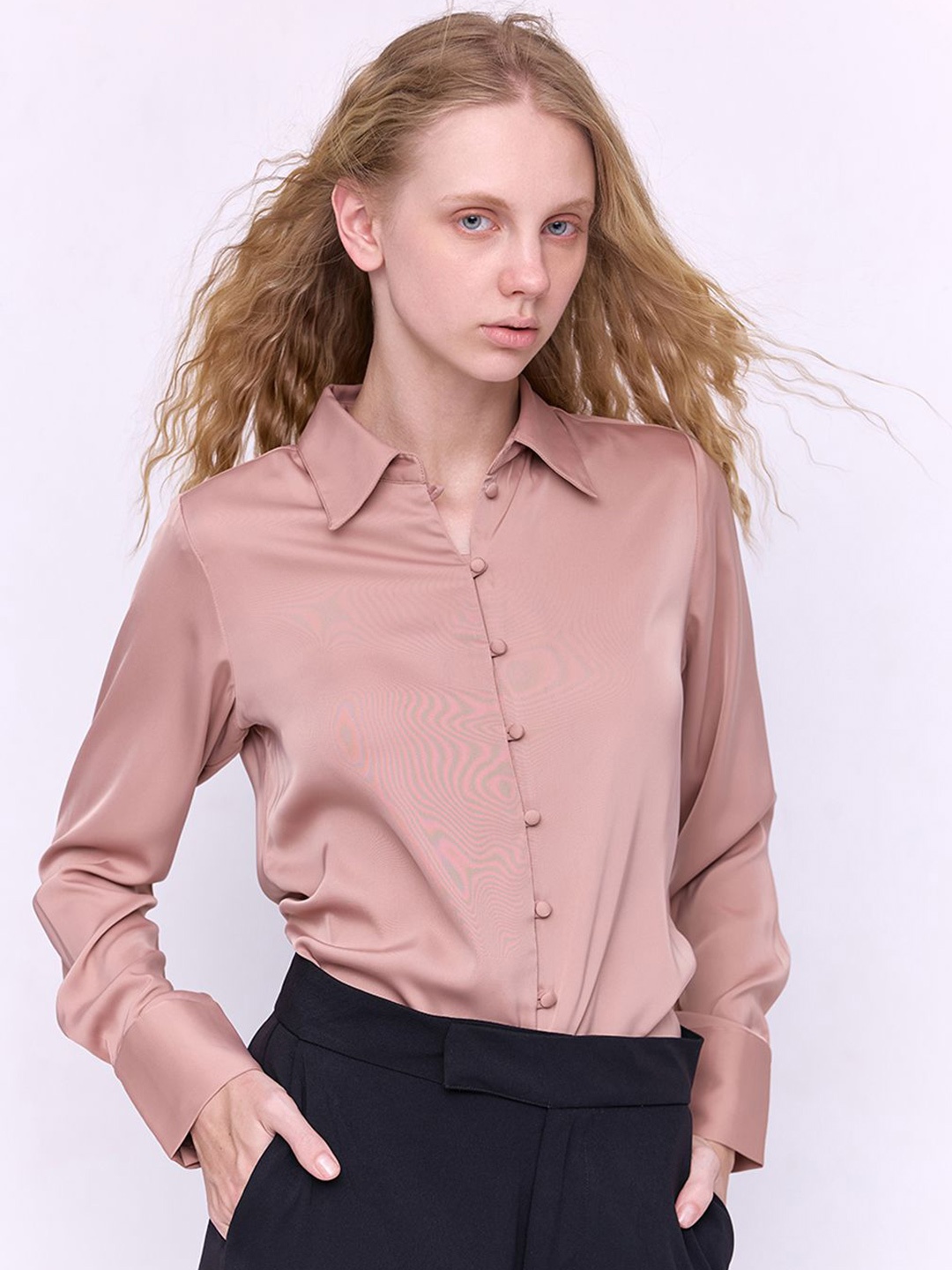 

COVER STORY Women Spread Collar Solid Casual Shirt, Rose gold