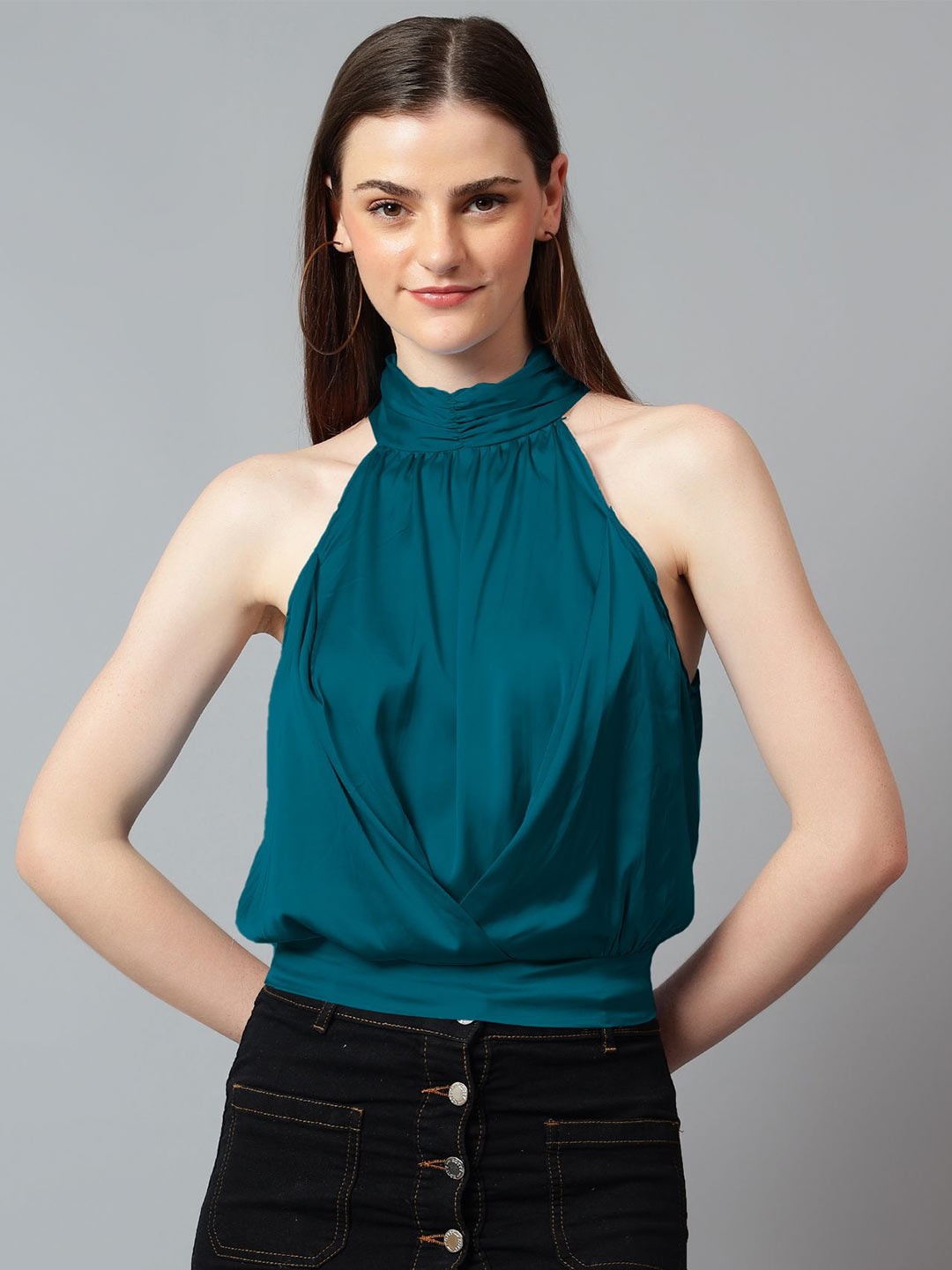 

Kotty Women Solid Halter Neck Satin Top, Blue