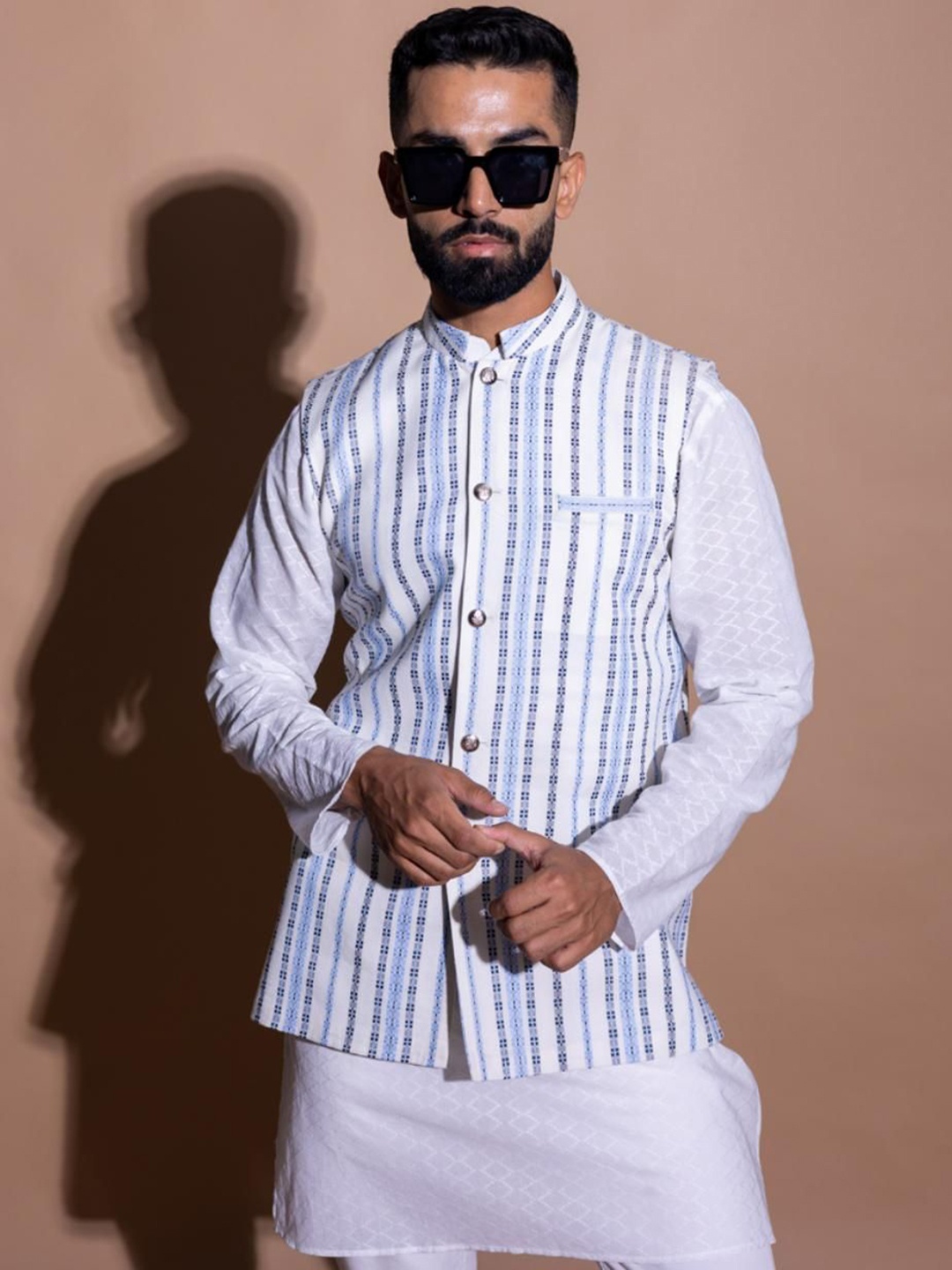 

INAAYA JAIPUR Men Striped Nehru Jacket, White