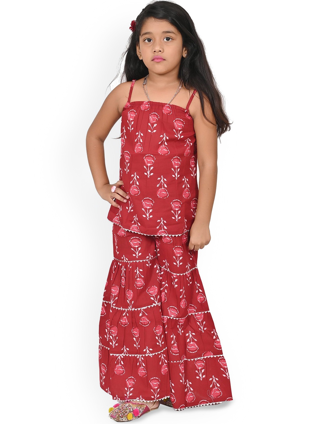 

Cloth Bites Girls Floral Printed Regular Pure Cotton Kurti with Sharara Set, Maroon