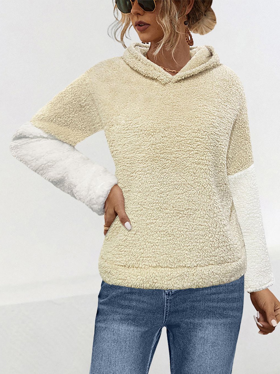 

StyleCast x Revolte Women Colourblocked Hooded Sweatshirt, Beige