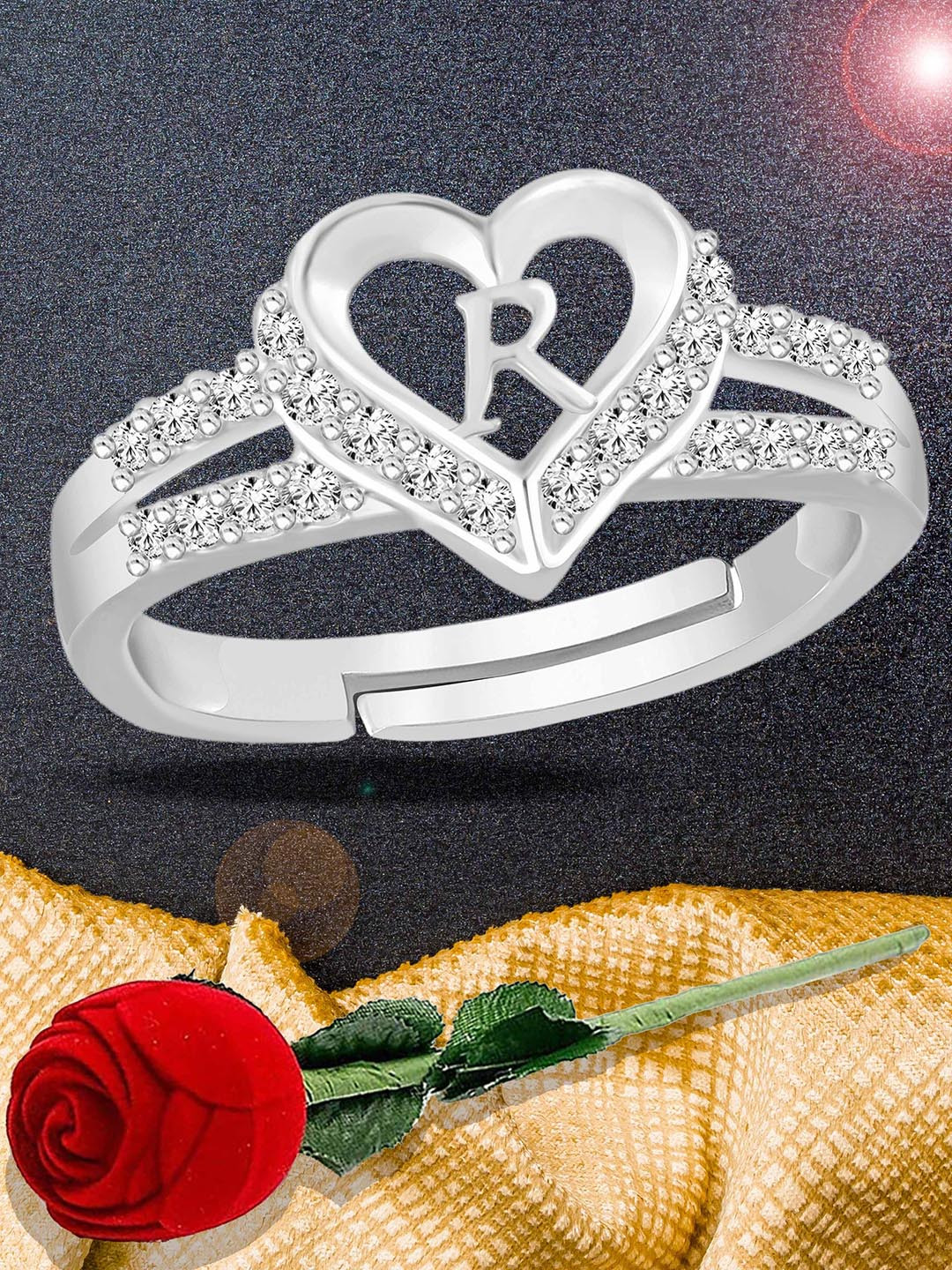 

Lila Silver-Plated American Diamond Stone Studded Alphabet R Adjustable Finger Ring