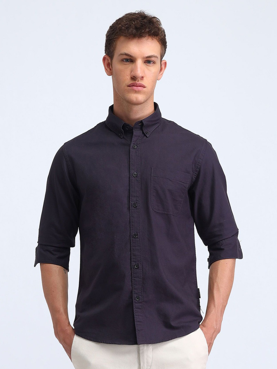 

Flying Machine Men Button-Down Collar Solid Cotton Casual Shirt, Navy blue